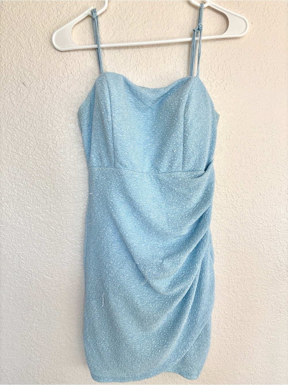 Crystal Doll Light Blue Sparkle Draped Midi Dress